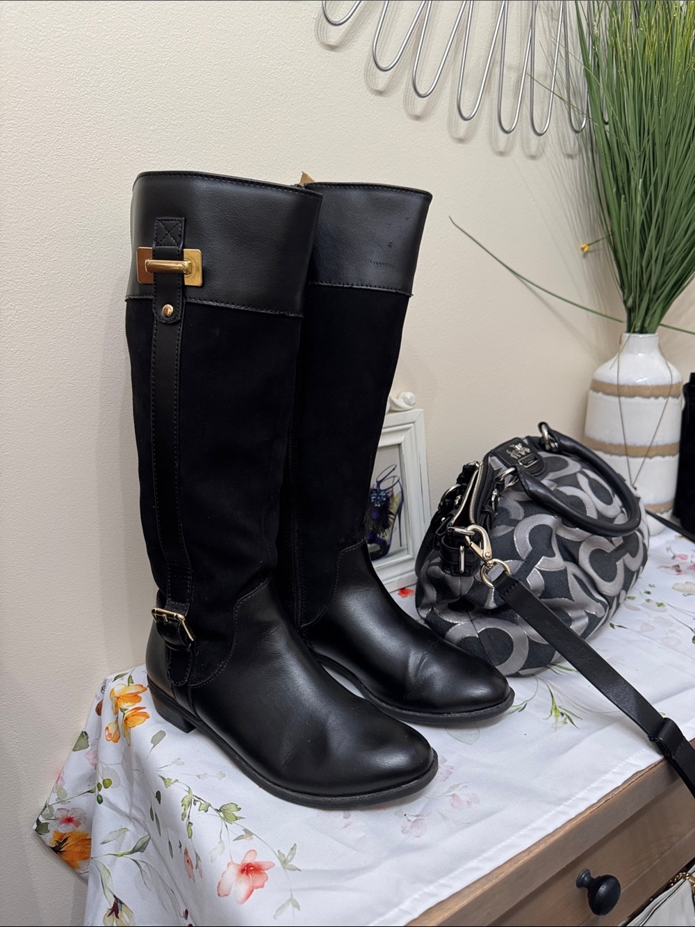 Women’s Black Tall vegan knee high boots  with Gold Accent